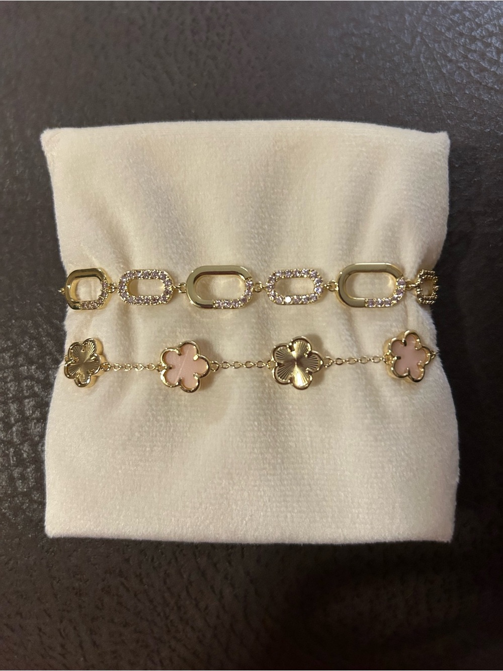 Gold Link Bracelet with Pink Clover Charm Chain
